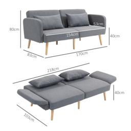 HOMCOM 3/2 Seater Sofa Bed, Convertible Bed Settee, Modern Fabric Loveseat Sofa Couch with 2 Cushions for Living Room, Guest Room, Cat Scratch Anti, Grey - thumbnail 3