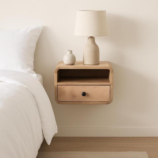 Solid Mango Wood Wall-Mounted Mini Bedside Table with Open Slot and Drawer, Space-Saving Desk with Curved Design, 25L x 30W x 25H cm, Brown - Aosom UK - image 1