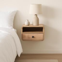 Solid Mango Wood Wall-Mounted Mini Bedside Table with Open Slot and Drawer, Space-Saving Desk with Curved Design, 25L x 30W x 25H cm, Brown - Aosom UK - thumbnail 1