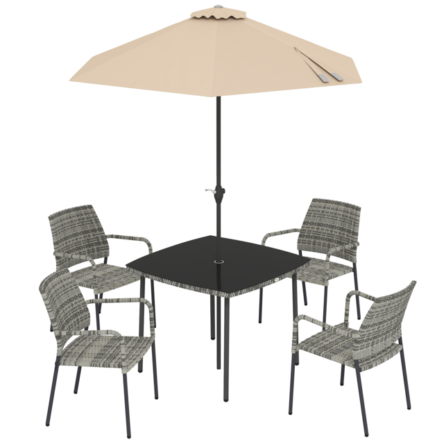 Outsunny 4 Seater Rattan Dining Set with Parasol, 6 Piece Garden Table and Stackable Chairs with Tempered Glass Tabletop - image 1