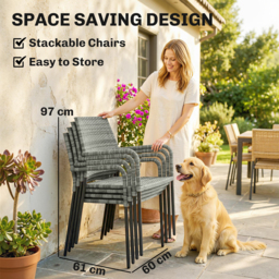 Outsunny 4 Seater Rattan Dining Set with Parasol, 6 Piece Garden Table and Stackable Chairs with Tempered Glass Tabletop - thumbnail 6