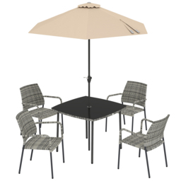 Outsunny 4 Seater Rattan Dining Set with Parasol, 6 Piece Garden Table and Stackable Chairs with Tempered Glass Tabletop