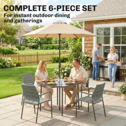 Outsunny 4 Seater Rattan Dining Set with Parasol, 6 Piece Garden Table and Stackable Chairs with Tempered Glass Tabletop - thumbnail 4