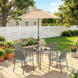 Outsunny 4 Seater Rattan Dining Set with Parasol, 6 Piece Garden Table and Stackable Chairs with Tempered Glass Tabletop - thumbnail 2