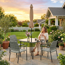Outsunny 4 Seater Rattan Dining Set with Parasol, 6 Piece Garden Table and Stackable Chairs with Tempered Glass Tabletop - thumbnail 9