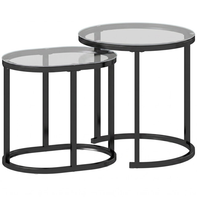 HOMCOM Nest of Tables with Steel Frame and Tempered Glass Tabletop, Modern Coffee Table Set of 2, Black - image 1