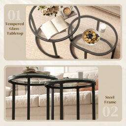 HOMCOM Nest of Tables with Steel Frame and Tempered Glass Tabletop, Modern Coffee Table Set of 2, Black - thumbnail 5