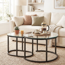 HOMCOM Nest of Tables with Steel Frame and Tempered Glass Tabletop, Modern Coffee Table Set of 2, Black - thumbnail 8
