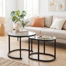 HOMCOM Nest of Tables with Steel Frame and Tempered Glass Tabletop, Modern Coffee Table Set of 2, Black - thumbnail 2