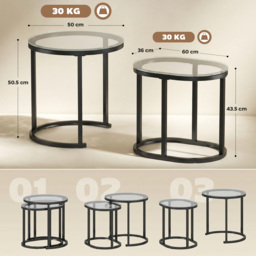 HOMCOM Nest of Tables with Steel Frame and Tempered Glass Tabletop, Modern Coffee Table Set of 2, Black - thumbnail 3