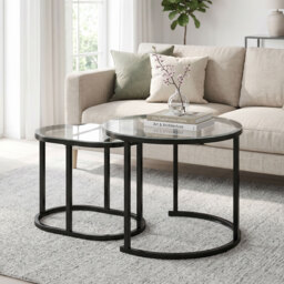 HOMCOM Nest of Tables with Steel Frame and Tempered Glass Tabletop, Modern Coffee Table Set of 2, Black - thumbnail 9