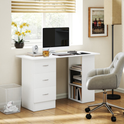 HOMCOM Computer Desk, Writing Table, PC Workstation with 3 Storage Shelves and Drawers, Silver Handle, for Home Office, White - thumbnail 2