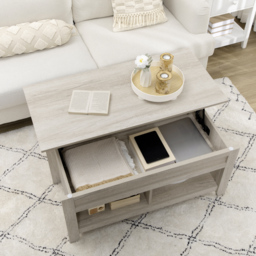HOMCOM Lift Top Coffee Table w/ Hidden Storage Compartment Open Shelves Lift Tabletop Pop Up Centre Table for Living Room Oak Effect - thumbnail 8