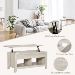 HOMCOM Lift Top Coffee Table w/ Hidden Storage Compartment Open Shelves Lift Tabletop Pop Up Centre Table for Living Room Oak Effect - thumbnail 6