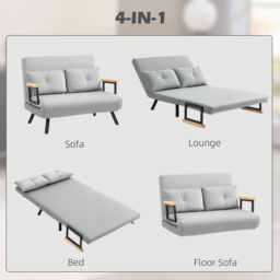 HOMCOM 4-in-1 Velvet-Feel Double Sofa Bed, with Pillows - Light Grey - thumbnail 4