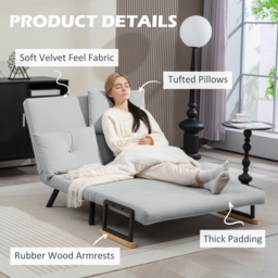 HOMCOM 4-in-1 Velvet-Feel Double Sofa Bed, with Pillows - Light Grey - thumbnail 6