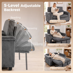 HOMCOM 2 Seater Sofa Bed, Pull Out Sleeper Sofa w/ Adjustable Backrest, Storage Armrests, Cup Holders, Side Pockets, Dark Grey - thumbnail 5