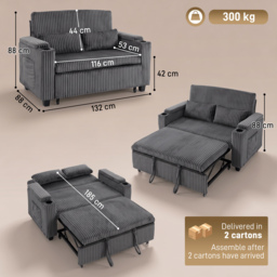 HOMCOM 2 Seater Sofa Bed, Pull Out Sleeper Sofa w/ Adjustable Backrest, Storage Armrests, Cup Holders, Side Pockets, Dark Grey - thumbnail 3