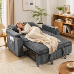 HOMCOM 2 Seater Sofa Bed, Pull Out Sleeper Sofa w/ Adjustable Backrest, Storage Armrests, Cup Holders, Side Pockets, Dark Grey - thumbnail 8