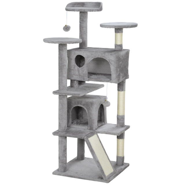 PawHut 138cm Cat Tree, Multi-Level Cat Tower with Scratching Posts and Pad, Bed, Condos, Platforms, Toy Balls, Light Grey - image 1
