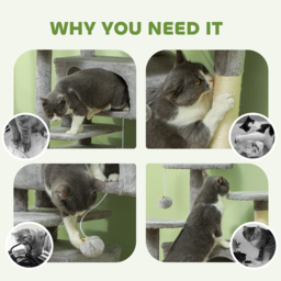 PawHut 138cm Cat Tree, Multi-Level Cat Tower with Scratching Posts and Pad, Bed, Condos, Platforms, Toy Balls, Light Grey - thumbnail 6
