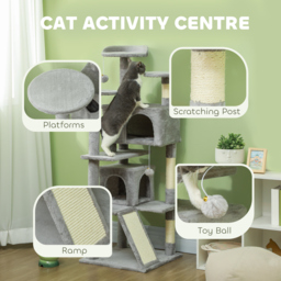 PawHut 138cm Cat Tree, Multi-Level Cat Tower with Scratching Posts and Pad, Bed, Condos, Platforms, Toy Balls, Light Grey - thumbnail 4