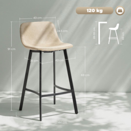 HOMCOM Bar Stools Set of 2, PU Leather Dining Stools with Backrest, Footrest, for Kitchen, Counter, Breakfast Bar, Light Brown - thumbnail 3