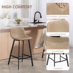 HOMCOM Bar Stools Set of 2, PU Leather Dining Stools with Backrest, Footrest, for Kitchen, Counter, Breakfast Bar, Light Brown - thumbnail 5