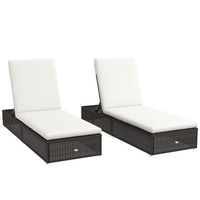 Outsunny Set of Two Rattan Sun Loungers, with Reclining Backs - Brown/Cream - Aosom UK - image 1