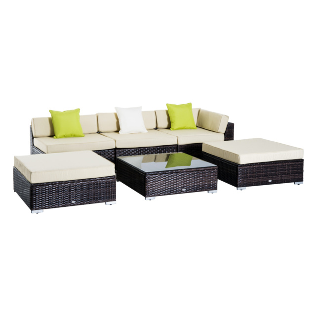 Outsunny 5-Seater Rattan Sofa Coffee Table Set Sectional Wicker Weave Furniture for Garden Outdoor Conservatory w/ Pillow Cushion Brown - Aosom UK - image 1