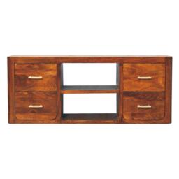 Solid Wood Luca Media Unit with 2 Open Compartments and 4 Drawers, Handcrafted TV Cabinet for Living Room, 35L x 110W x 45H cm, Brown - Aosom UK - thumbnail 2
