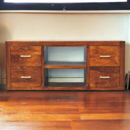 Solid Wood Luca Media Unit with 2 Open Compartments and 4 Drawers, Handcrafted TV Cabinet for Living Room, 35L x 110W x 45H cm, Brown - Aosom UK - thumbnail 1