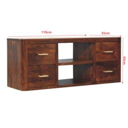 Solid Wood Luca Media Unit with 2 Open Compartments and 4 Drawers, Handcrafted TV Cabinet for Living Room, 35L x 110W x 45H cm, Brown - Aosom UK - thumbnail 3