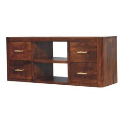 Solid Wood Luca Media Unit with 2 Open Compartments and 4 Drawers, Handcrafted TV Cabinet for Living Room, 35L x 110W x 45H cm, Brown - Aosom UK - thumbnail 7