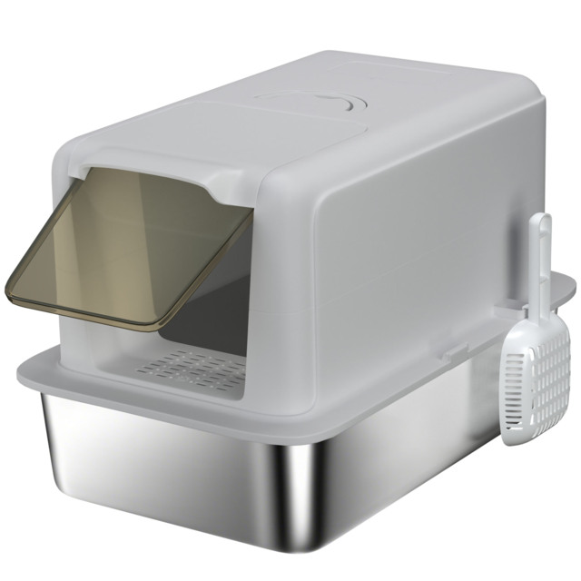 PawHut Stainless Steel Cat Litter Box with Removable Lid, Scoop, Filter Bags, for Larger Cats, Grey - image 1