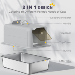 PawHut Stainless Steel Cat Litter Box with Removable Lid, Scoop, Filter Bags, for Larger Cats, Grey - thumbnail 6