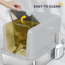 PawHut Stainless Steel Cat Litter Box with Removable Lid, Scoop, Filter Bags, for Larger Cats, Grey - thumbnail 5
