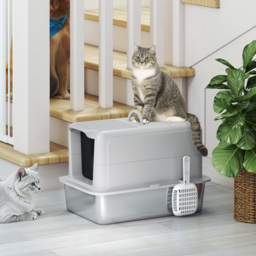 PawHut Stainless Steel Cat Litter Box with Removable Lid, Scoop, Filter Bags, for Larger Cats, Grey - thumbnail 8