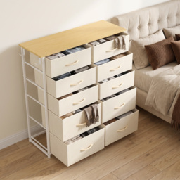 HOMCOM Chest of Drawers, Dresser with 10 Fabric Drawers, Tall Storage Unit with 4 Pockets and 2 Hooks Steel Frame, Beige - thumbnail 8