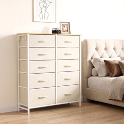 HOMCOM Chest of Drawers, Dresser with 10 Fabric Drawers, Tall Storage Unit with 4 Pockets and 2 Hooks Steel Frame, Beige - thumbnail 2