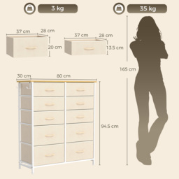 HOMCOM Chest of Drawers, Dresser with 10 Fabric Drawers, Tall Storage Unit with 4 Pockets and 2 Hooks Steel Frame, Beige - thumbnail 3