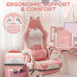 HOMCOM Cat Ear and Paw Reclining Office Chair, with Footrest - Pink/White - thumbnail 6