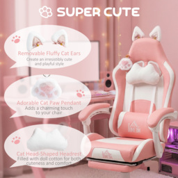 HOMCOM Cat Ear and Paw Reclining Office Chair, with Footrest - Pink/White - thumbnail 4