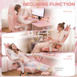 HOMCOM Cat Ear and Paw Reclining Office Chair, with Footrest - Pink/White - thumbnail 8