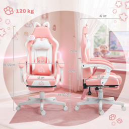 HOMCOM Cat Ear and Paw Reclining Office Chair, with Footrest - Pink/White - thumbnail 3