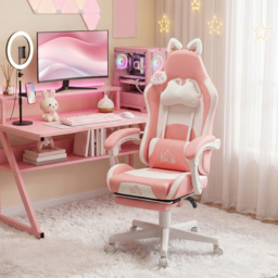 HOMCOM Cat Ear and Paw Reclining Office Chair, with Footrest - Pink/White - thumbnail 2