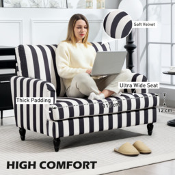 HOMCOM Modern Accent Chair, Velvet Single Sofa Armchair with Stripe, Turned Legs and Wide Seat, Upholstered Snuggle Chair for Living Room, Bedroom, Black and White - thumbnail 5