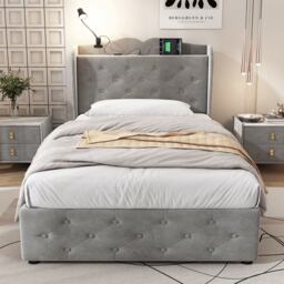 Upholstered Bed with Drawers, Soft Backrest, Table Lamp, USB Port, Velvet Fabric Bed Frame for Bedrooms, 206.5L x 96.5W x 109H cm, Gray - Aosom UK - thumbnail 5