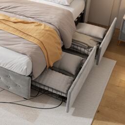 Upholstered Bed with Drawers, Soft Backrest, Table Lamp, USB Port, Velvet Fabric Bed Frame for Bedrooms, 206.5L x 96.5W x 109H cm, Gray - Aosom UK - thumbnail 6