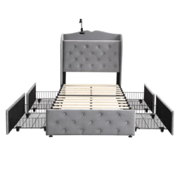 Upholstered Bed with Drawers, Soft Backrest, Table Lamp, USB Port, Velvet Fabric Bed Frame for Bedrooms, 206.5L x 96.5W x 109H cm, Gray - Aosom UK - thumbnail 2